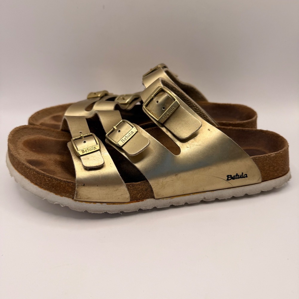 Betula by Birkenstock Womens 42 Metallic Gold Triple Strap Buckle Slide Sandals